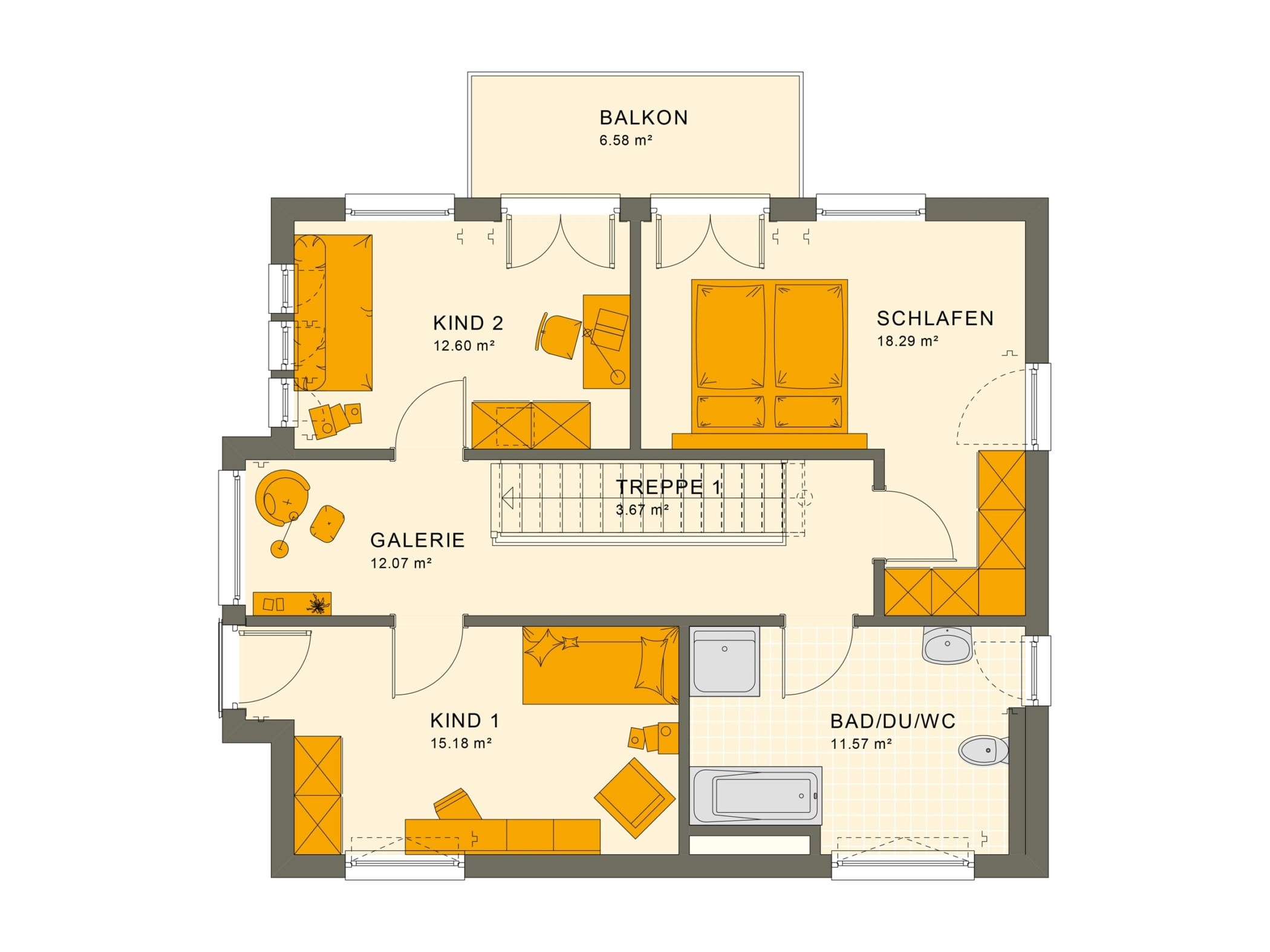 Grundriss Stadtvilla Obergeschoss mit Flachdach, Treppe gerade mit Galerie & Balkon, 5 Zimmer, 140 qm - Fertighaus Living Haus SUNSHINE 144 V7 - HausbauDirekt.de