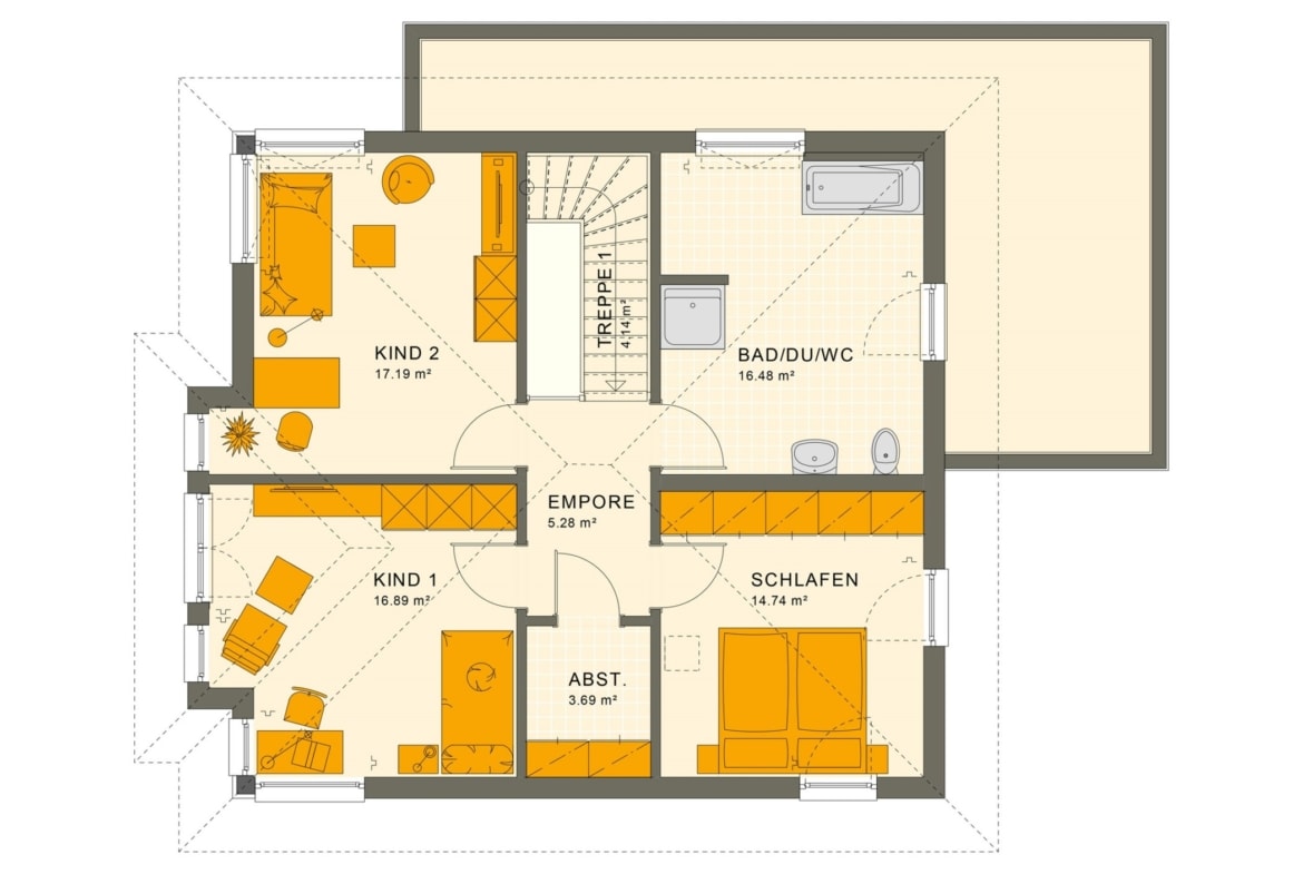 Fertighaus Stadtvilla Grundriss Obergeschoss mit Walmdach, 5 Zimmer, 150 qm - Living Haus SUNSHINE 151 V6 - HausbauDirekt.de