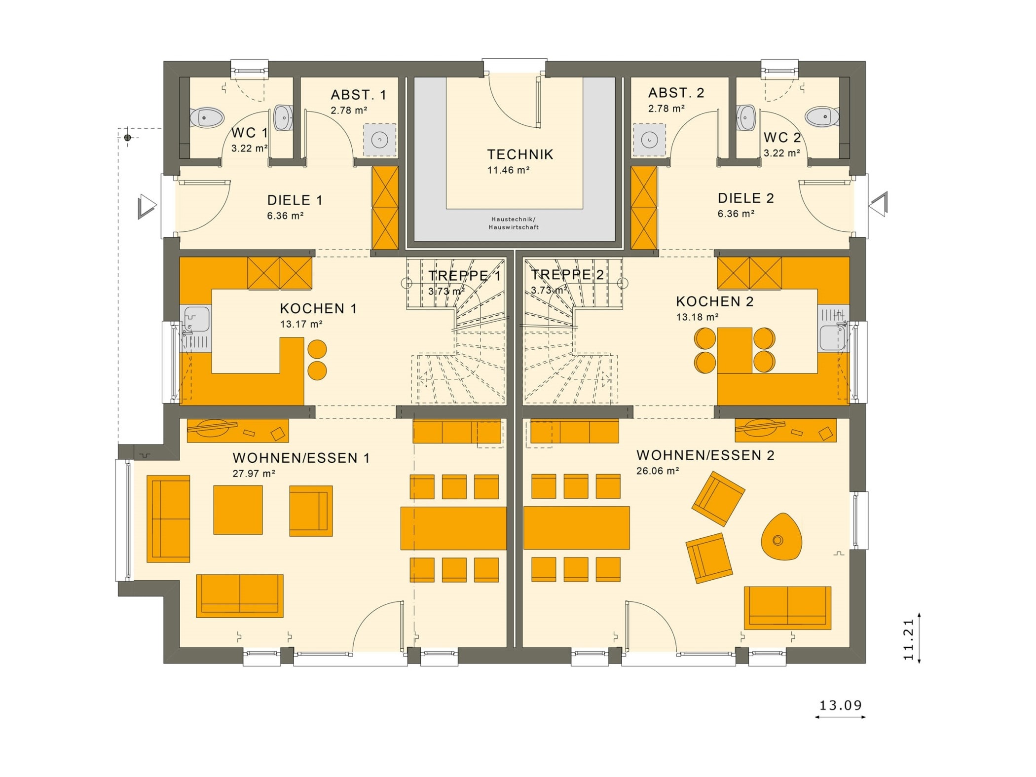 Zweifamilienhaus Grundriss nebeneinander Erdgeschoss, zwei Eingänge - Doppelhaus bauen Ideen Fertighaus SOLUTION 242 V3 von Living Haus - HausbauDirekt.de