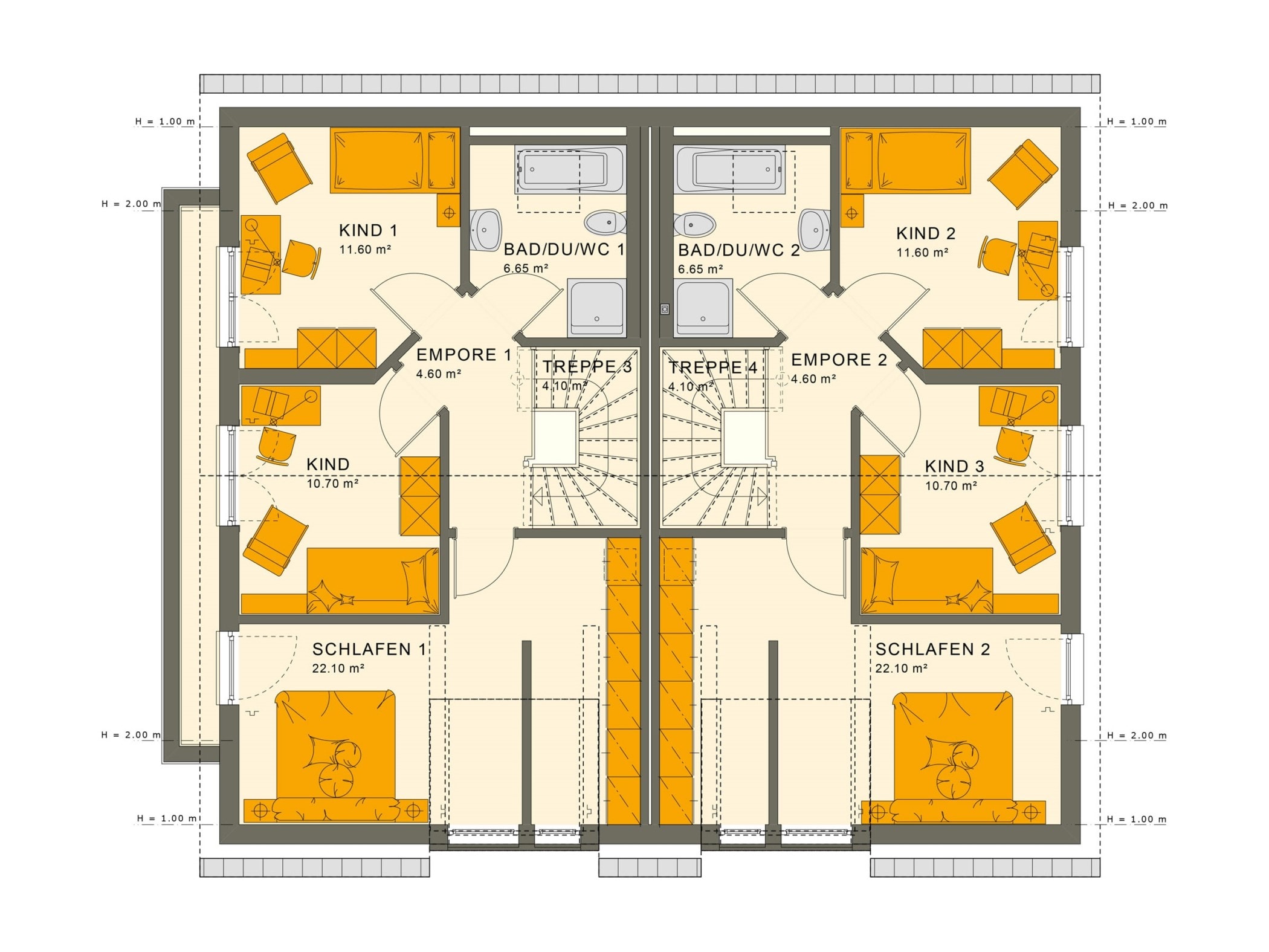 Zweifamilienhaus Grundriss nebeneinander Obergeschoss mit Satteldach Architektur - Doppelhaus bauen Ideen Fertighaus SOLUTION 242 V3 von Living Haus - HausbauDirekt.de