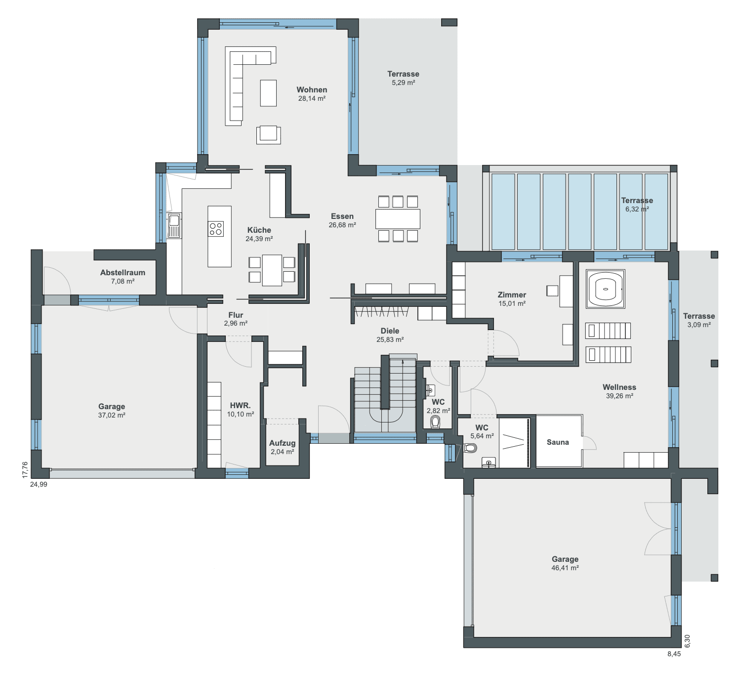 Einfamilienhaus Grundriss Erdgeschoss mit Garage - Haus Ideen Bauhaus Villa WeberHaus Fertighaus - HausbauDirekt.de