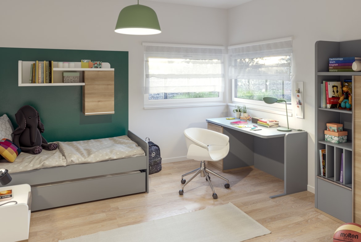 Kinderzimmer modern, Möbel grau mit Holz - Ideen Inneneinrichtung Bungalow Fertighaus AMBIENCE 110 V4 von Bien Zenker - HausbauDirekt.de