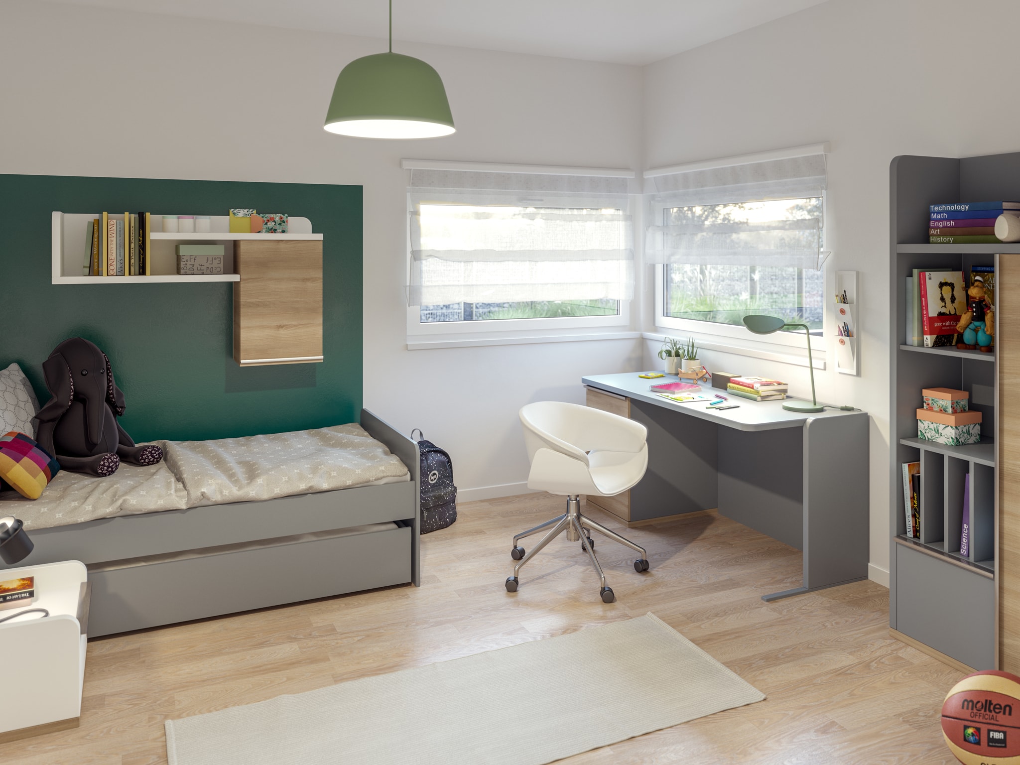 Kinderzimmer modern, Möbel grau mit Holz - Ideen Inneneinrichtung Bungalow Fertighaus AMBIENCE 110 V4 von Bien Zenker - HausbauDirekt.de