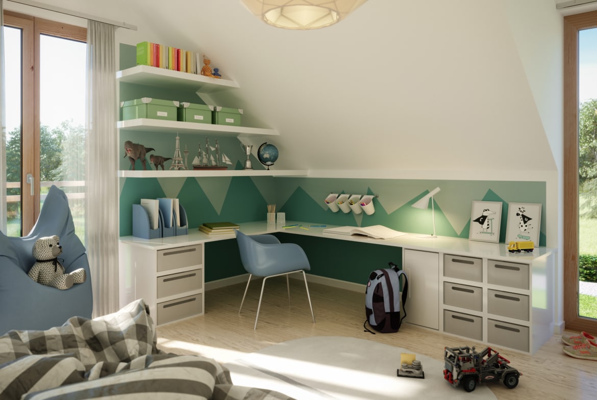 Kinderzimmer Ideen mit Schreibtisch unter Dachschäge - Inneneinrichtung Fertighaus Living Haus SUNSHINE 154 V3 - HausbauDirekt.de