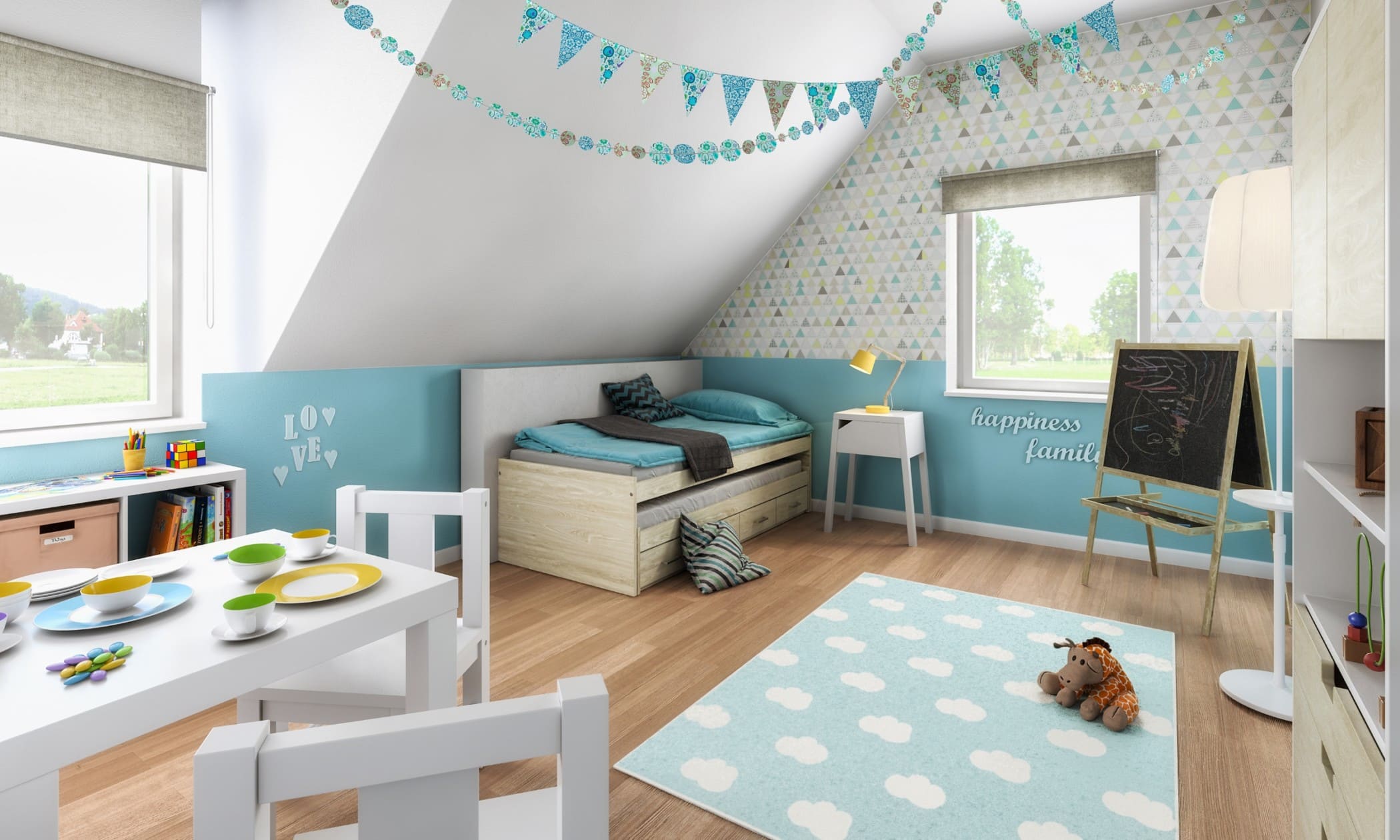 Kinderzimmer Junge blau mit Dachschräge - Inneneinrichtung Ideen Town Country Haus Flair 125 Style - HausbauDirekt.de