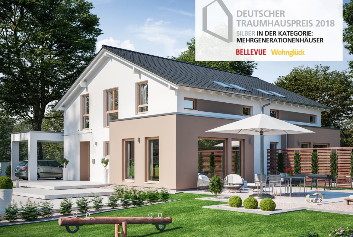 Mehrgenerationenhaus als Doppelhaus mit zwei Eingängen, Carport & Satteldach - Zweifamilienhaus bauen Ideen Fertighaus SOLUTION 242 V5 von Living Haus - HausbauDirekt.de