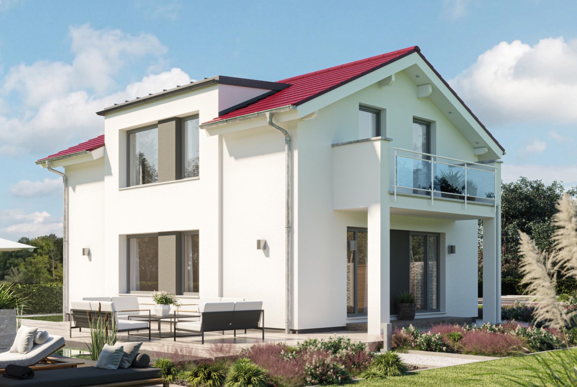 Modernes Haus mit flachem Satteldach, Zwerchgiebel & Balkon, 4 Zimmer, 120 qm - Einfamilienhaus bauen Ideen Bien Zenker Fertighaus EDITION 120 V3 - HausbauDirekt.de