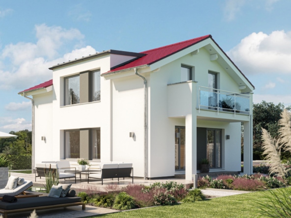 Modernes Haus mit flachem Satteldach, Zwerchgiebel & Balkon, 4 Zimmer, 120 qm - Einfamilienhaus bauen Ideen Bien Zenker Fertighaus EDITION 120 V3 - HausbauDirekt.de