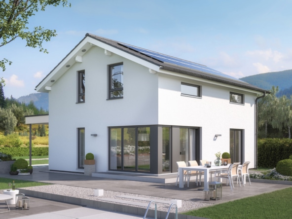 Modernes Satteldach Haus mit Putz Fassade, 4 Zimmer Grundriss, 125 qm - Einfamilienhaus bauen Ideen Bien Zenker Fertighaus EDITION 125 V4 - HausbauDirekt.de