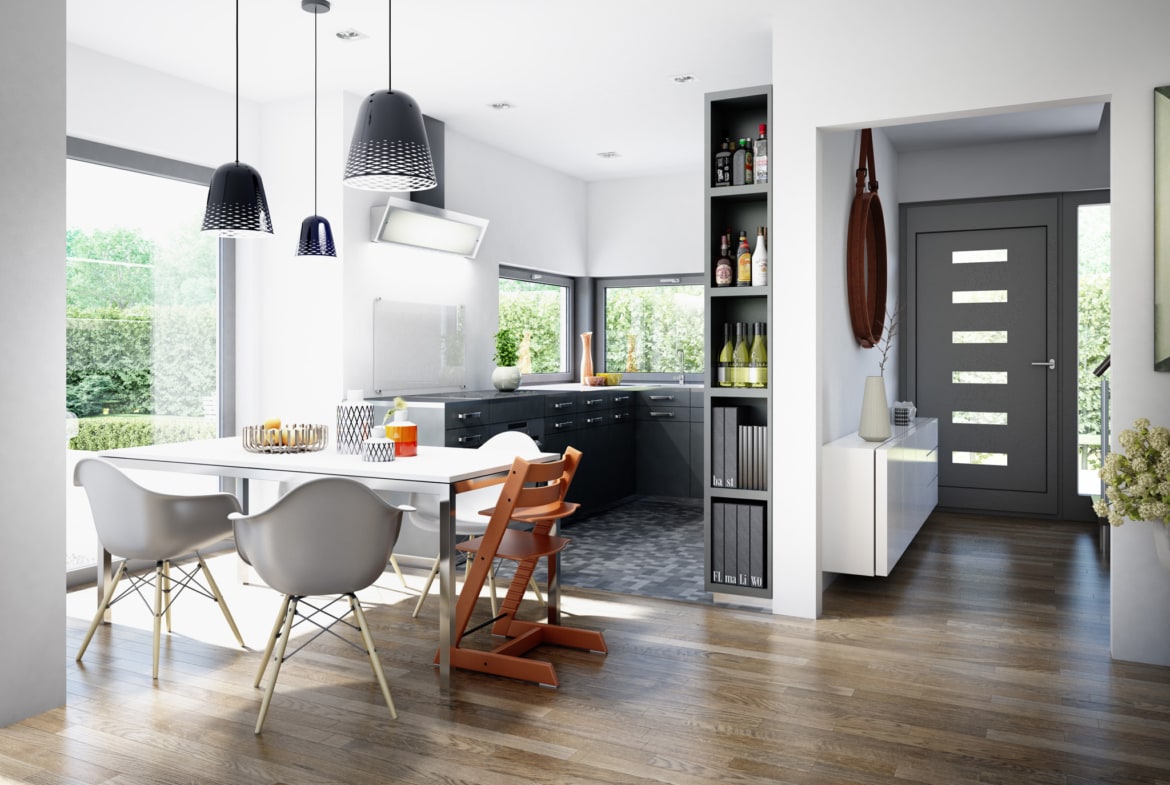 Offene Küche mit Essbereich - Ideen Inneneinrichtung Fertighaus Living Haus SUNSHINE 151 V2 - HausbauDirekt.de