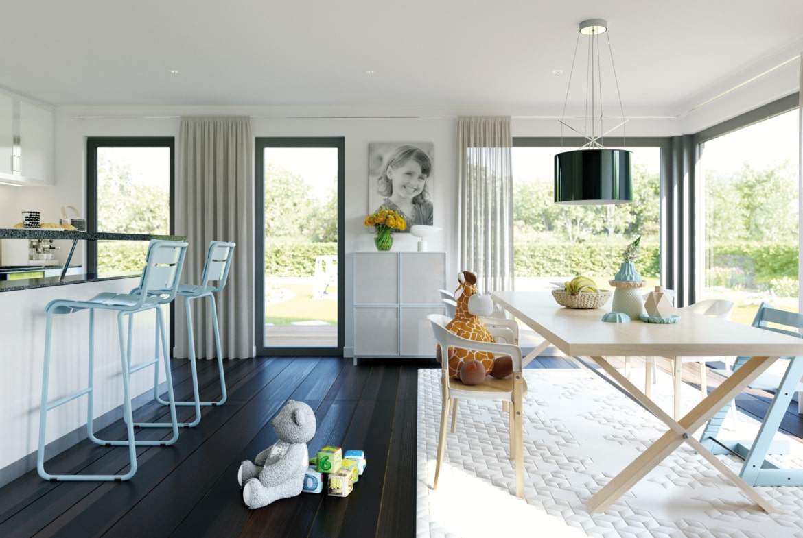 Offene Küche mit Esstisch - Ideen Einrichtung Fertighaus SOLUTION 230 V2 von Living Haus - HausbauDirekt.de