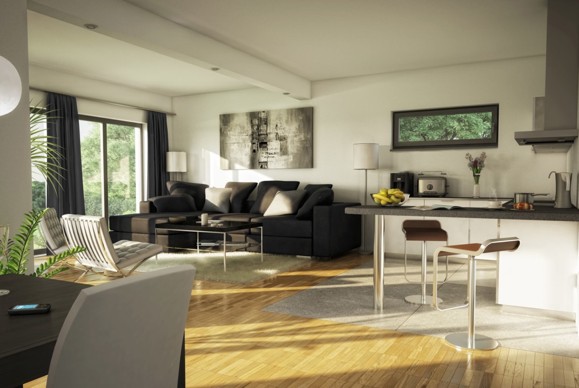 Offenes Wohnzimmer mit Essbereich & Küche - Ideen Inneneinrichtung Bungalow Haus AMBIENCE 111 V2 von Bien Zenker - HausbauDirekt.de