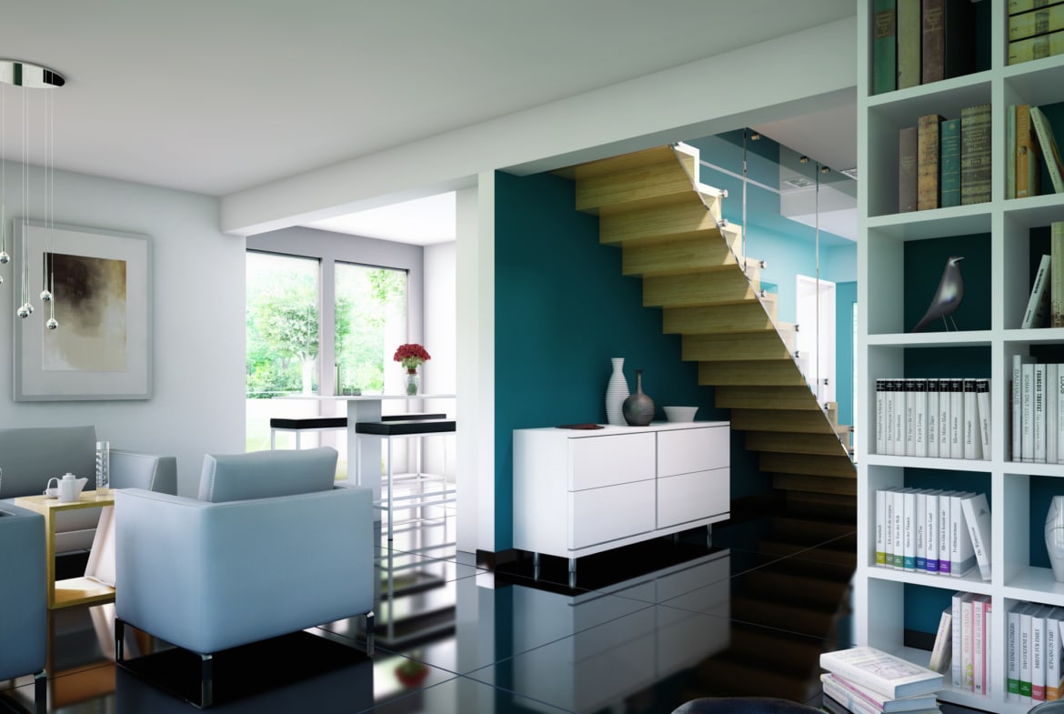 Offenes Wohnzimmer modern mit gerader Treppe - Inneneinrichtung Haus Ideen Bien Zenker Fertighaus EVOLUTION 134 V3 - HausbauDirekt.de