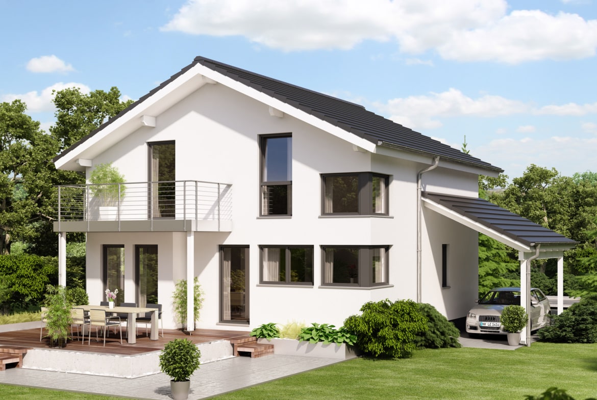 Modernes Satteldach Haus mit Balkon & Carport Garage - Einfamilienhaus bauen Ideen Bien Zenker Fertighaus EVOLUTION 136 V5 - HausbauDirekt.de