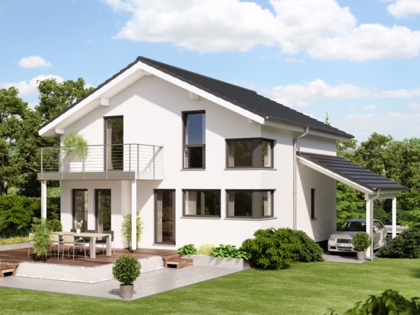 Modernes Satteldach Haus mit Balkon & Carport Garage - Einfamilienhaus bauen Ideen Bien Zenker Fertighaus EVOLUTION 136 V5 - HausbauDirekt.de