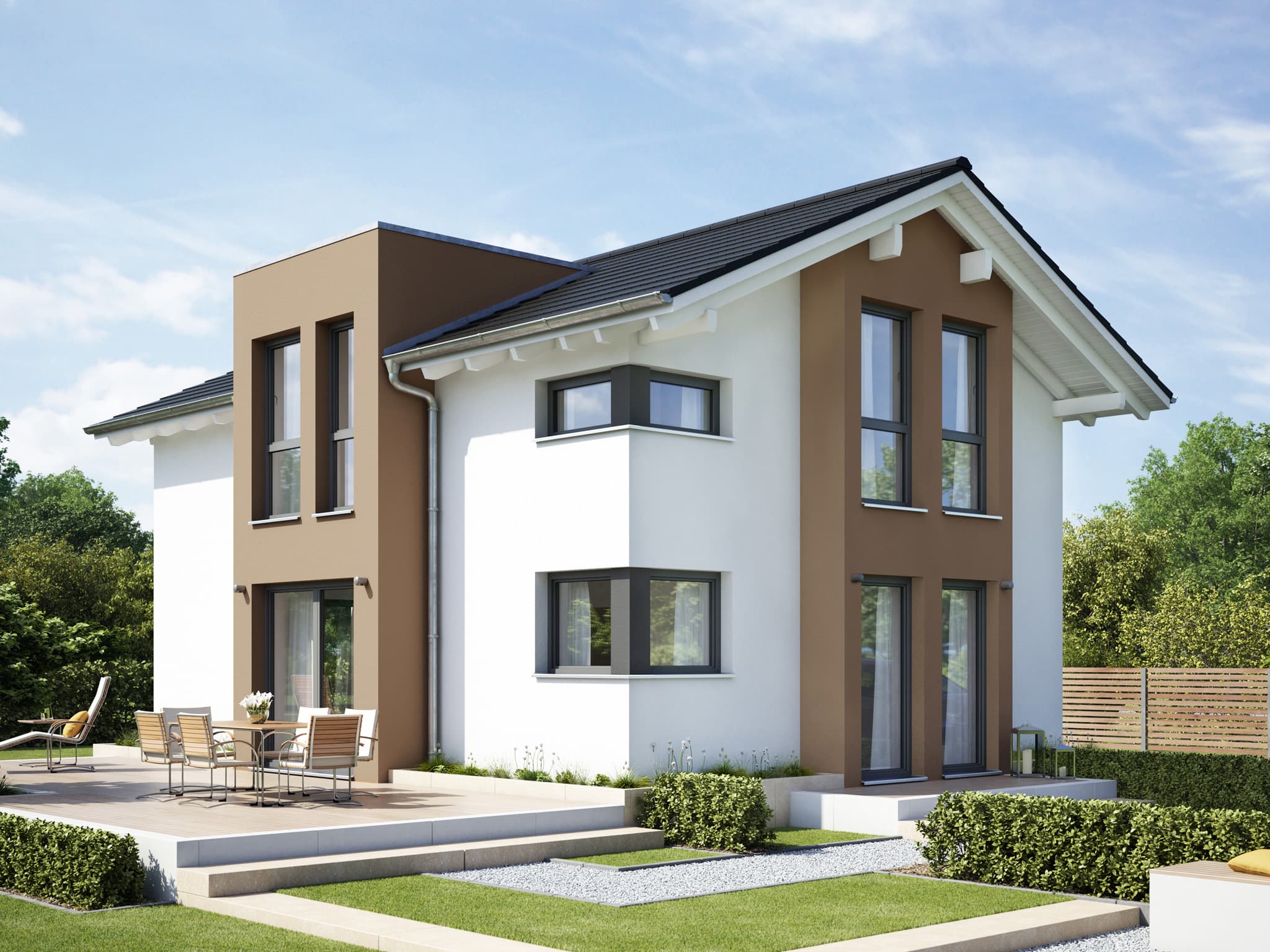 Modernes Satteldach Haus mit Flachdachgiebel & zweigeschossigem Erker - Einfamilienhaus bauen Ideen Fertighaus EVOLUTION 122 V6 von Bien Zenker - HausbauDirekt.de