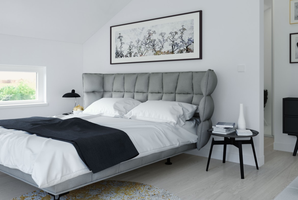 Schlafzimmer Farbe grau weiß schwarz - Ideen Inneneinrichtung Fertighaus Living Haus SUNSHINE 144 V3 - HausbauDirekt.de