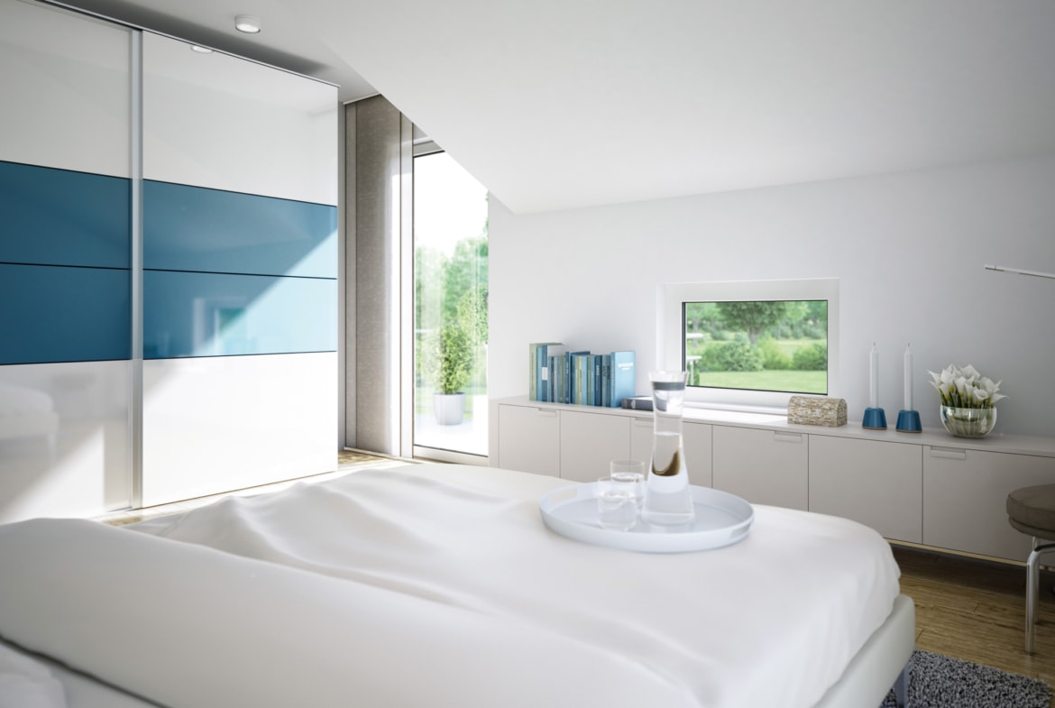 Schlafzimmer modern in blau weiß mit Dachschräge - Inneneinrichtung Ideen Fertighaus Living Haus SUNSHINE 151 V4 - HausbauDirekt.de