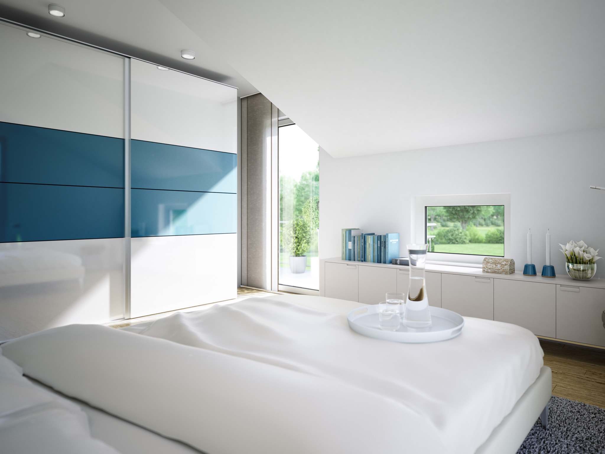 Schlafzimmer Ideen modern mit Dachschräge - Wohnideen Fertighaus innen SUNSHINE 125 V4 von Living Haus - HausbauDirekt.de