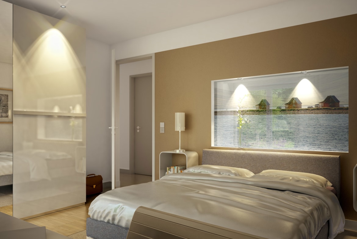 Schlafzimmer mit Wandfarbe beige - Ideen Inneneinrichtung Fertighaus Bungalow AMBIENCE 111 V4 von Bien Zenker - HausbauDirekt.de