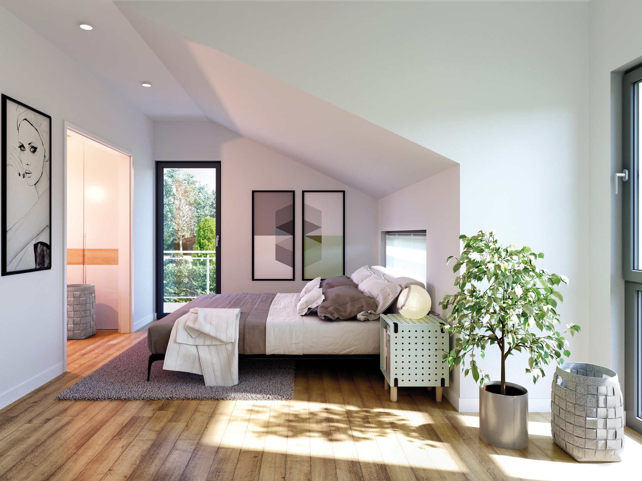Schlafzimmer einrichten mit Dachschräge - Ideen Inneneinrichtung Fertighaus SOLUTION 230 V3 von Living Haus - HausbauDirekt.de