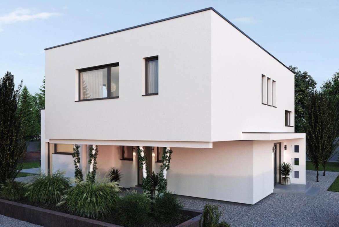 Stadtvilla modern mit Flachdach & integriertem Carport im Bauhausstil - Haus Design Ideen Fertighaus ELK Haus 164 - HausbauDirekt.de