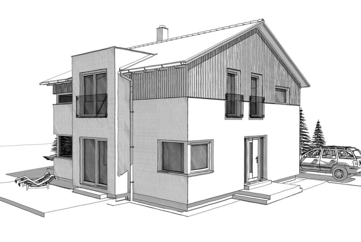 Fertighaus Stadtvilla modern mit Satteldach & Holz Putz Fassade - Einfamilienhaus bauen Ideen Architektur Zeichnung ELK Haus 161 - HausbauDirekt.de
