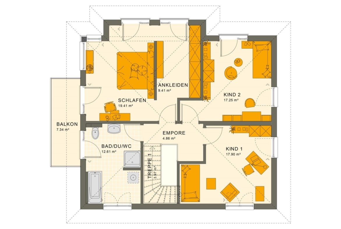 Stadtvilla Grundriss Obergeschoss mit Walmdach & Balkon, 5 Zimmer, 165 qm - Fertighaus SUNSHINE 165 V6 von Living Haus - HausbauDirekt.de