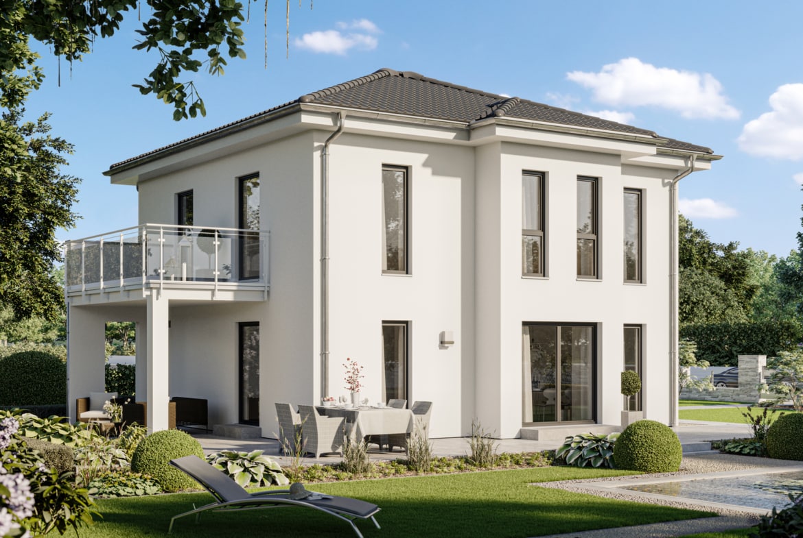 Neubau Stadtvilla mit Walmdach, Erker & Balkon, 5 Zimmer, 130 qm - Haus bauen Ideen Bien Zenker Fertighaus EDITION 134 V5 - HausbauDirekt.de