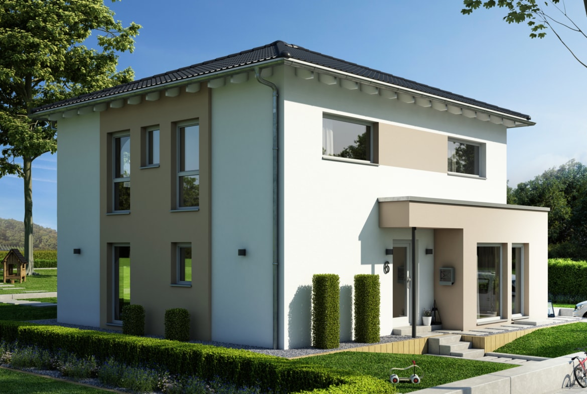 Stadtvilla modern mit Walmdach & Erker, 5 Zimmer Grundriss, 150 qm - Fertighaus SUNSHINE 154 V6 von Living Haus - HausbauDirekt.de
