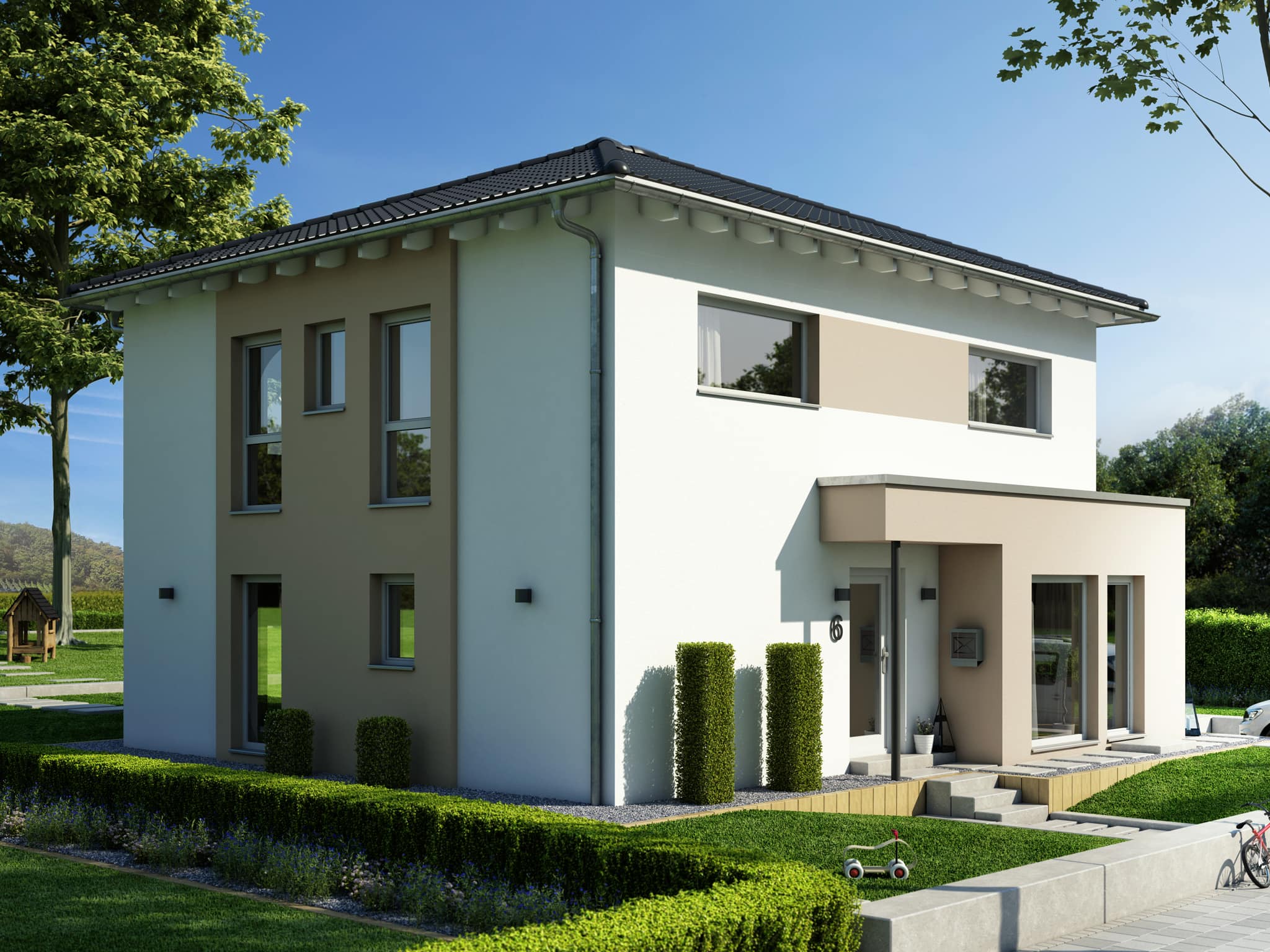 Stadtvilla modern mit Walmdach & Erker, 5 Zimmer Grundriss, 150 qm - Fertighaus SUNSHINE 154 V6 von Living Haus - HausbauDirekt.de