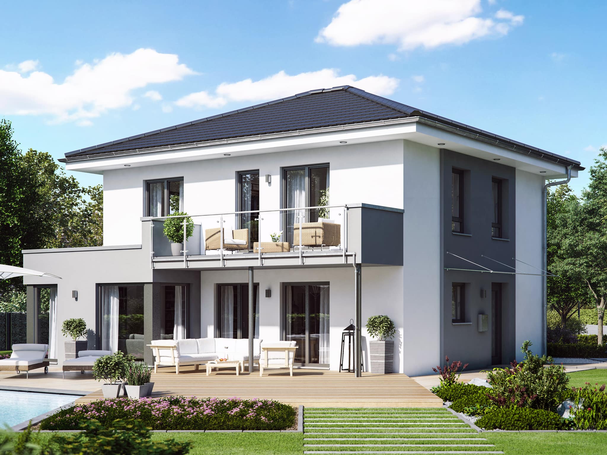Stadtvilla modern mit Walmdach, 5 Zimmer, 145 qm - Fertighaus bauen Ideen Living Haus SUNSHINE 143 V6 - HausbauDirekt.de