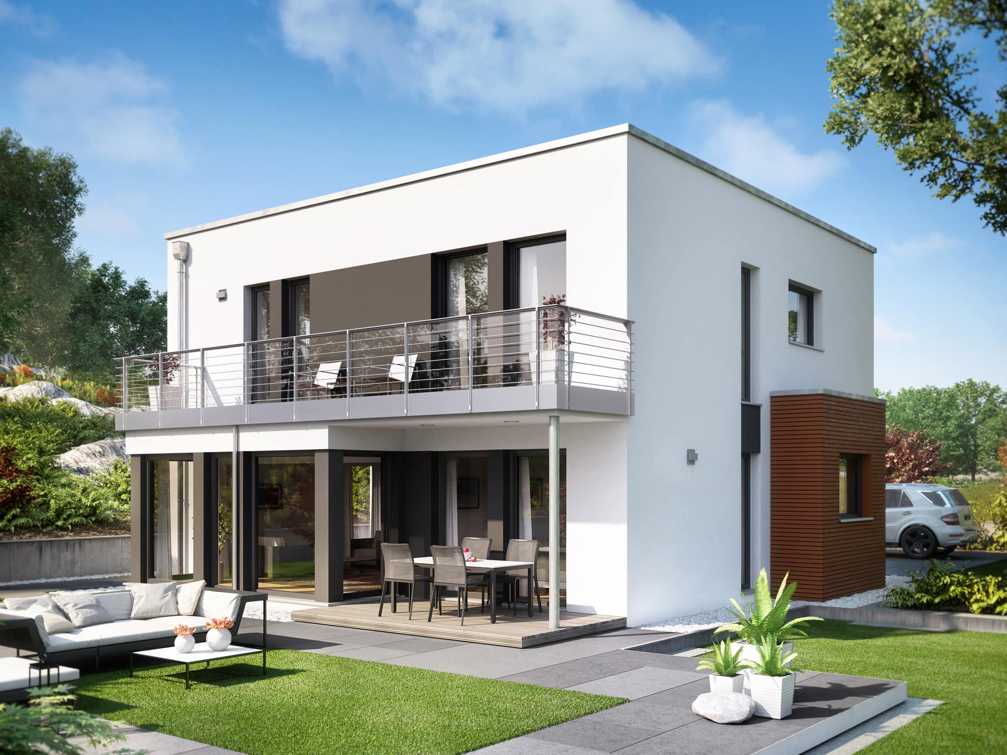 Bauhaus Stadtvilla modern mit Flachdach, Erker & Balkon, 5 Zimmer, 150 qm - Fertighaus Living Haus SUNSHINE 151 V8 - HausbauDirekt.de