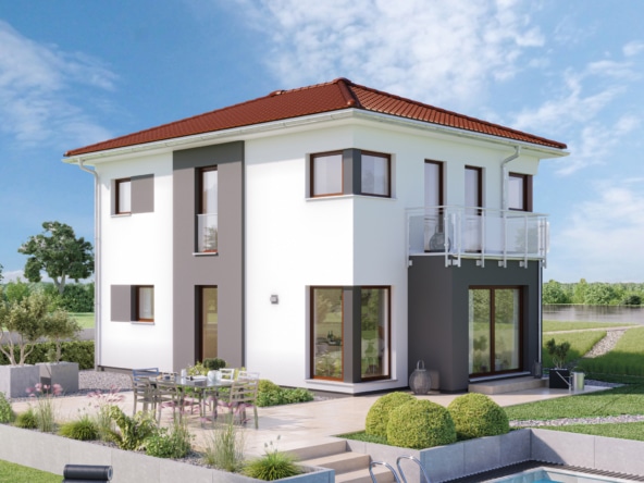 Neubau Stadtvilla modern mit Walmdach, Erker & Balkon, 5 Zimmer, 120 qm - Haus bauen Ideen Bien Zenker Fertighaus EDITION 123 V5 - HausbauDirekt.de
