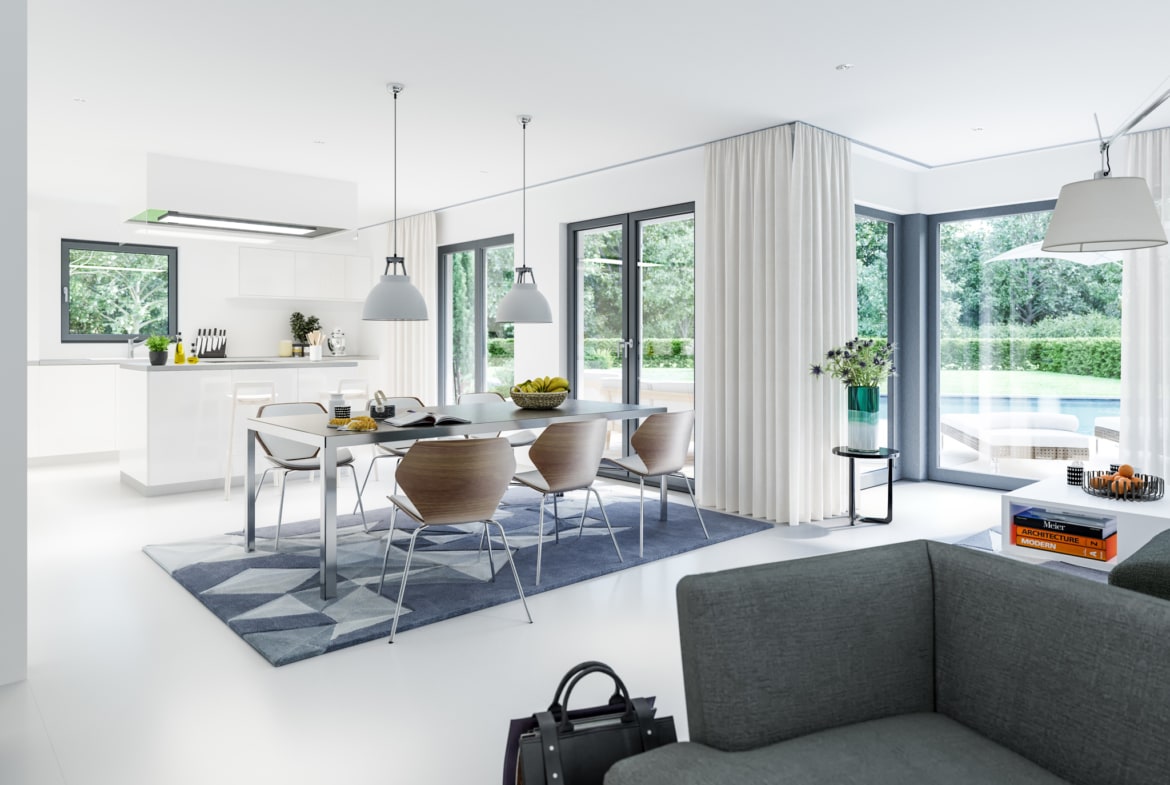 Offenes Wohn-Esszimmer - Einfamilienhaus Ideen Inneneinrichtung Fertighaus Living Haus SUNSHINE 143 V2 - HausbauDirekt.de
