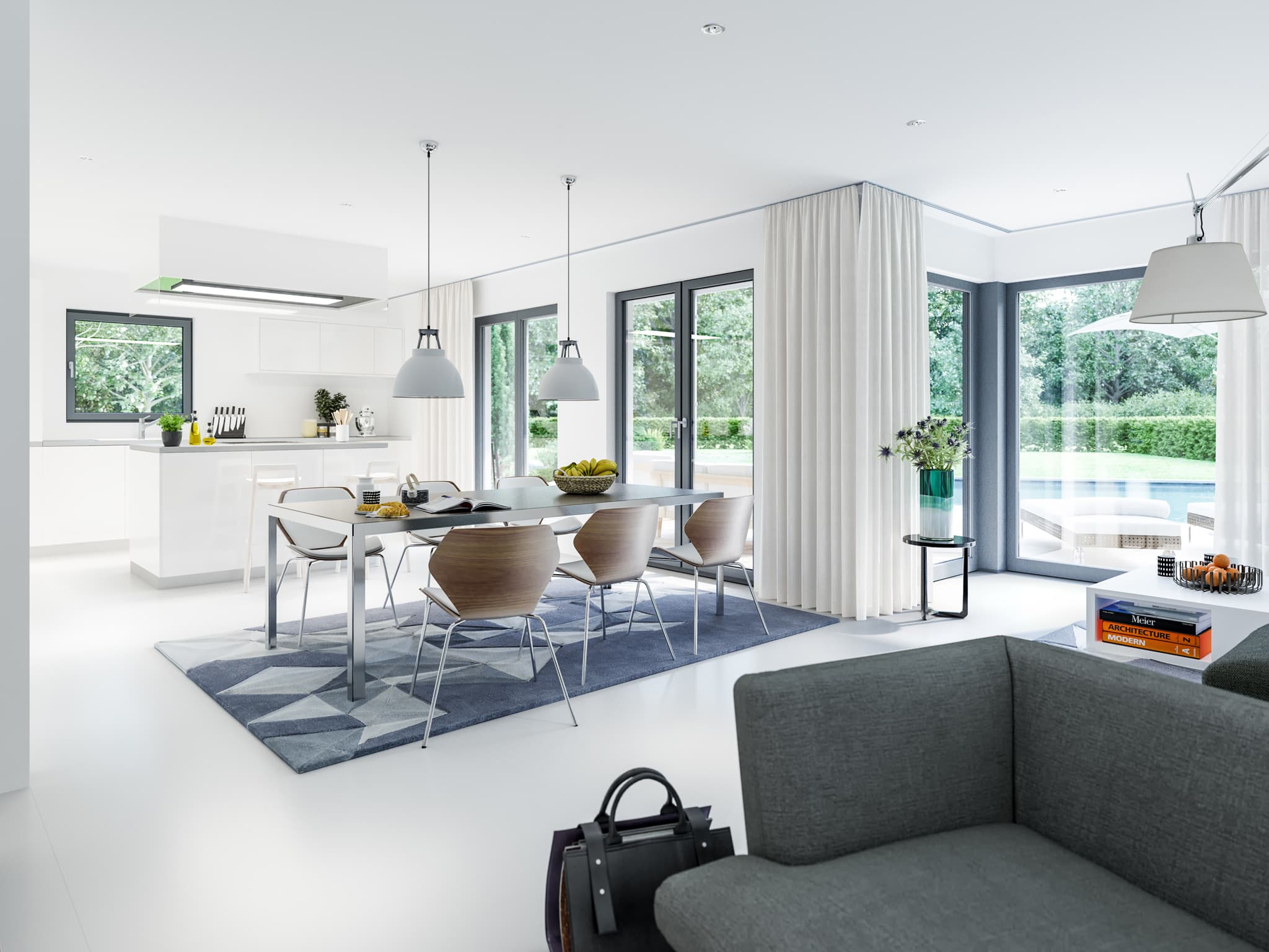 Wohn-Esszimmer offen mit Küche - Einfamilienhaus Inneneinrichtung Ideen modern Living Haus Fertighaus SUNSHINE 143 V5 - HausbauDirekt.de
