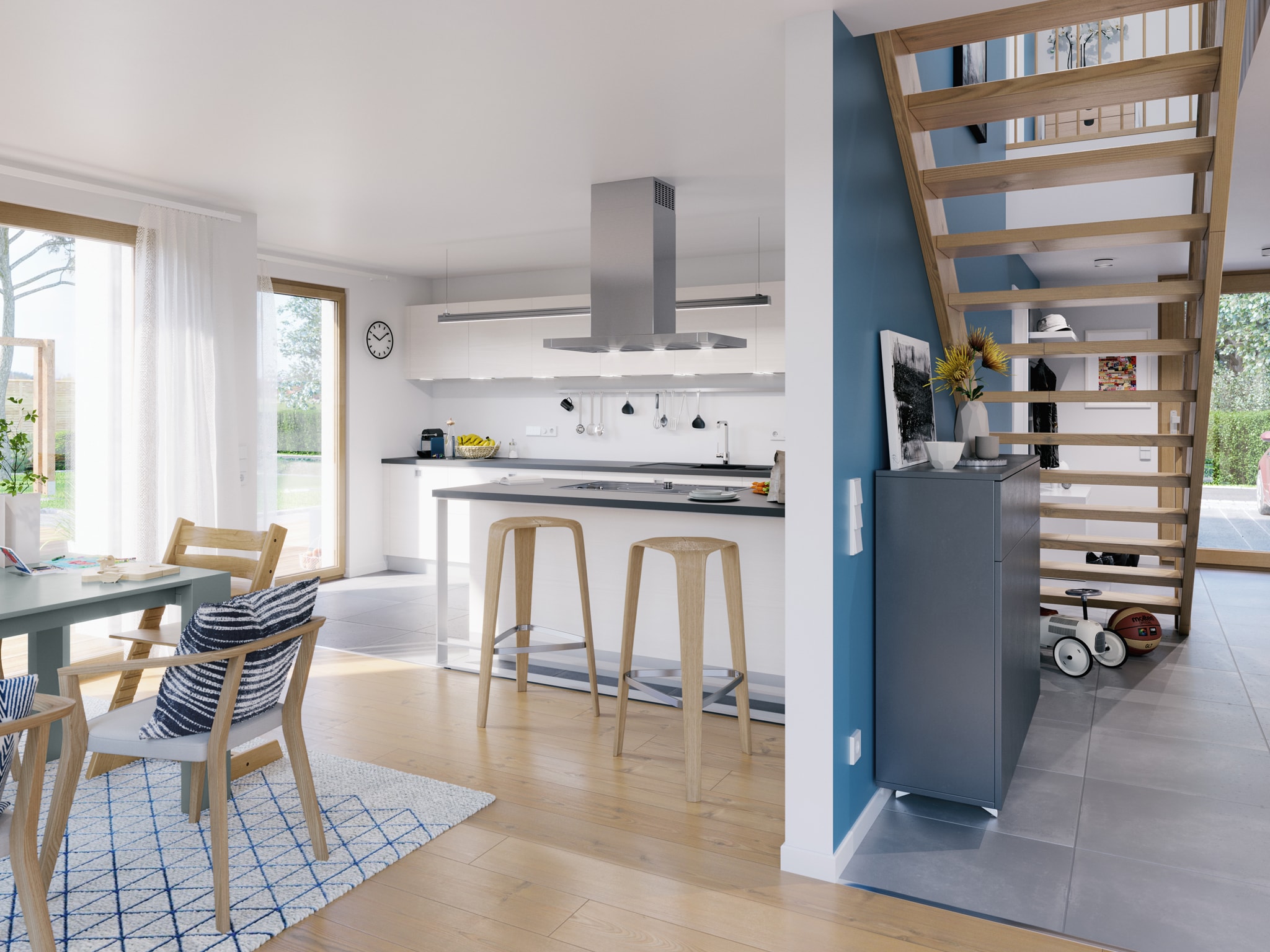 Wohn-Esszimmer mit offener Küche - Wohnideen Living Haus Fertighaus SUNSHINE 154 V7 - HausbauDirekt.de
