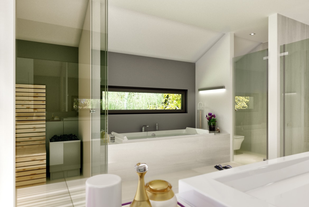 Modernes Badezimmer mit Badewanne unter Dachschräge - Ideen Haus Design innen Fertighaus Bien Zenker CONCEPT-M 211 Mannheim - HausbauDirekt.de