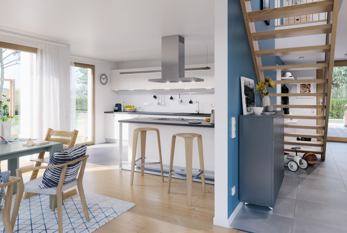 Offene Wohn-Esszimmer mit Treppe - Ideen Inneneinrichtung Fertighaus SUNSHINE 154 V6 von Living Haus - HausbauDirekt.de