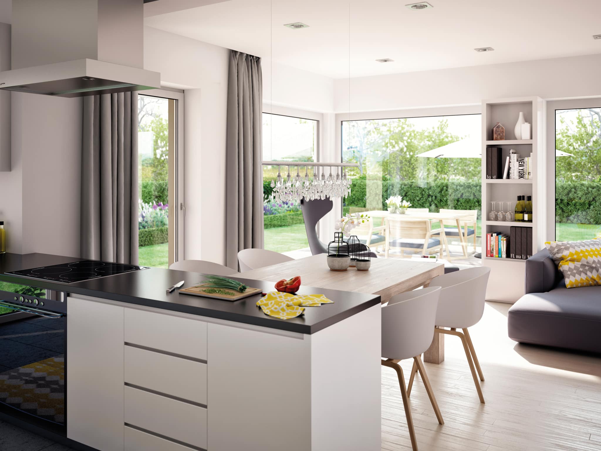 Moderne Wohnküche mit Essplatz - Ideen Inneneinrichtung Fertighaus SOLUTION 230 V3 von Living Haus - HausbauDirekt.de