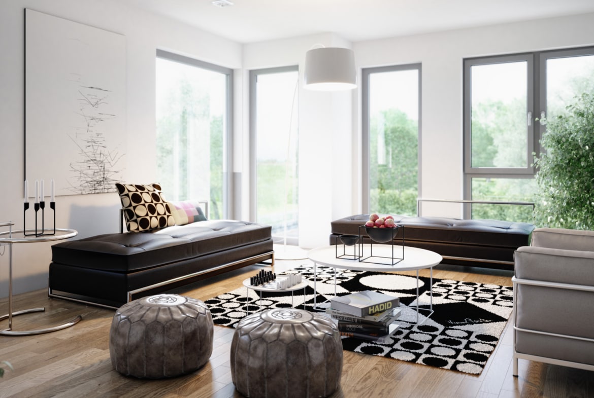 Wohnzimmer Einrichtung modern - Ideen Inneneinrichtung Fertighaus Living Haus SUNSHINE 151 V2 - HausbauDirekt.de