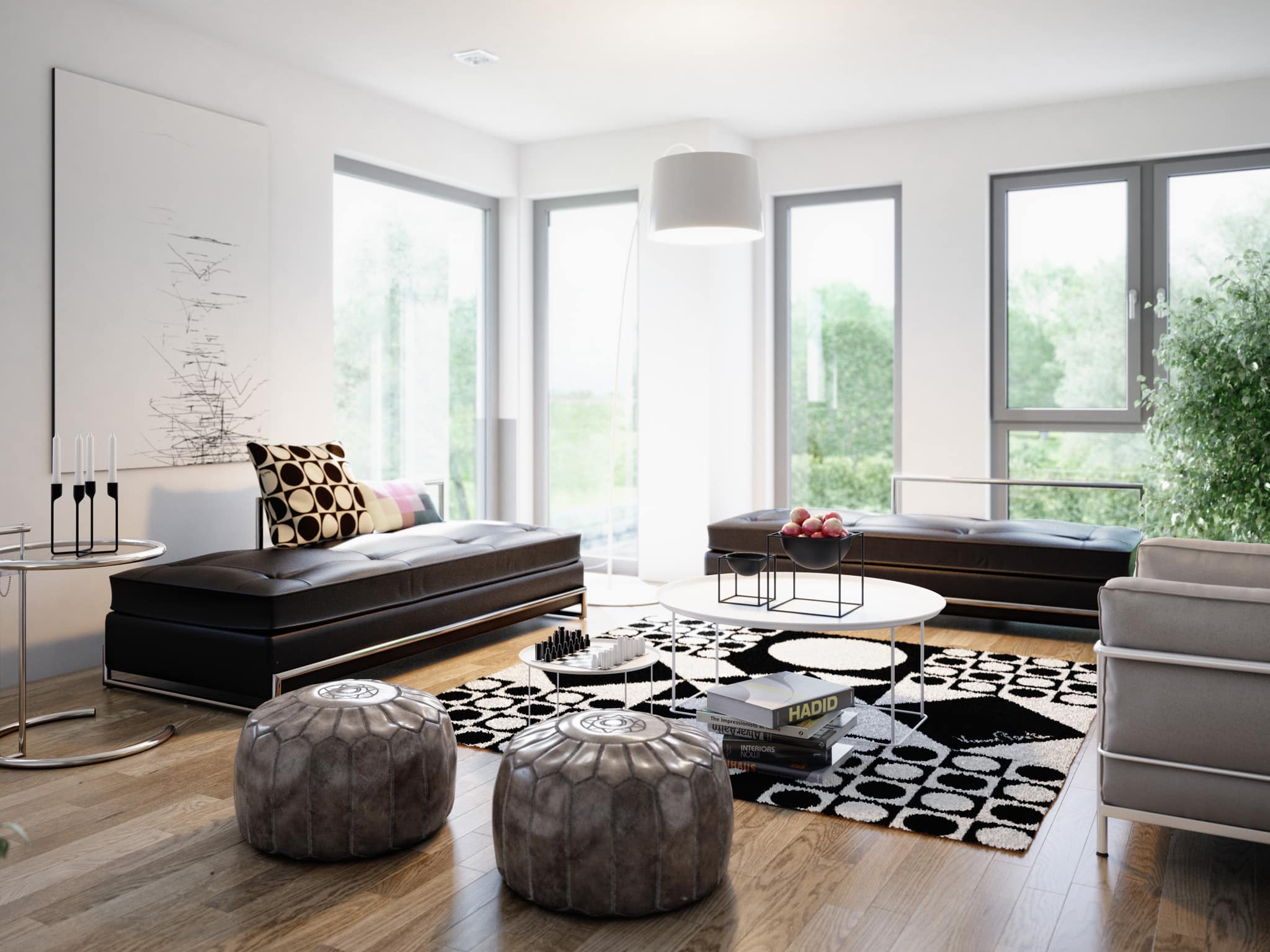 Wohnzimmer Einrichtung modern - Ideen Inneneinrichtung Fertighaus Living Haus SUNSHINE 151 V2 - HausbauDirekt.de