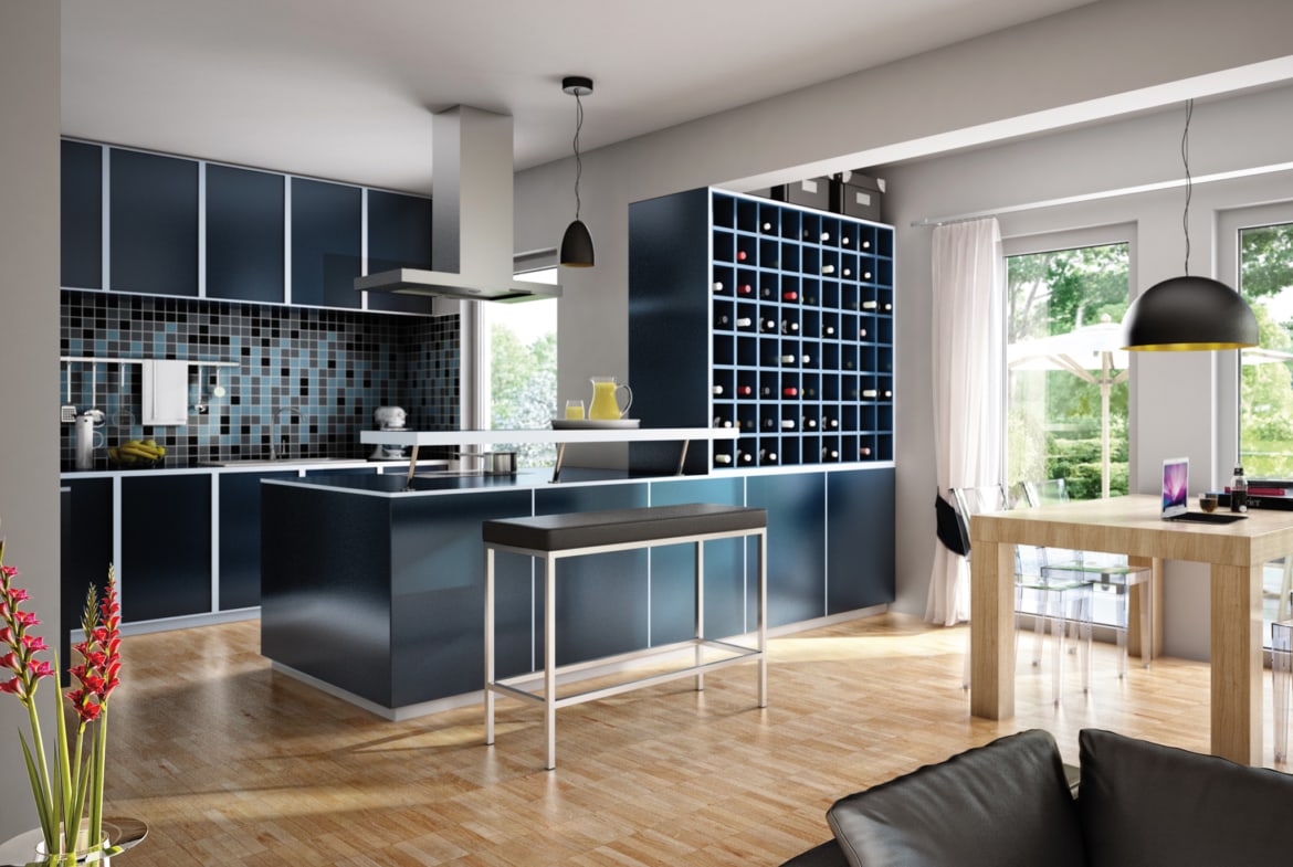 Küchen Ideen modern, offen im Wohn- Esszimmer - Inneneinrichtung Fertighaus SUNSHINE 113 V5 von Living Haus - HausbauDirekt.de