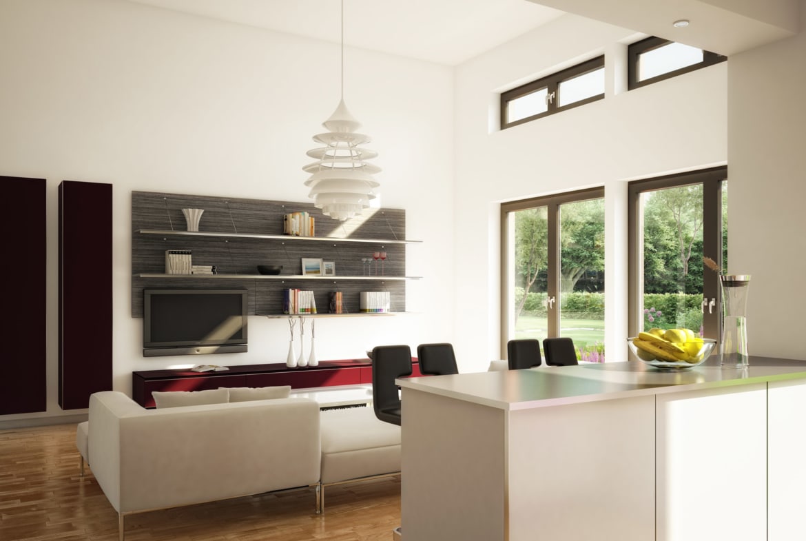 Offenes Wohnzimmer hoher Raum modern mit Küche - Ideen Inneneinrichtung Fertighaus Bungalow AMBIENCE 111 V4 von Bien Zenker - HausbauDirekt.de