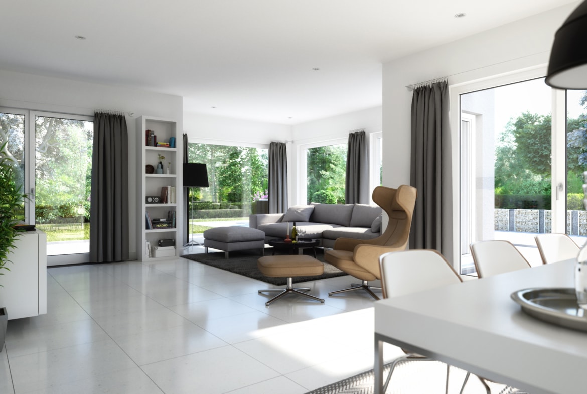 Offenes Wohn- Esszimmer mit Panorama Erker - Ideen Inneneinrichtung Fertighaus SUNSHINE 165 V4 von Living Haus - HausbauDirekt.de