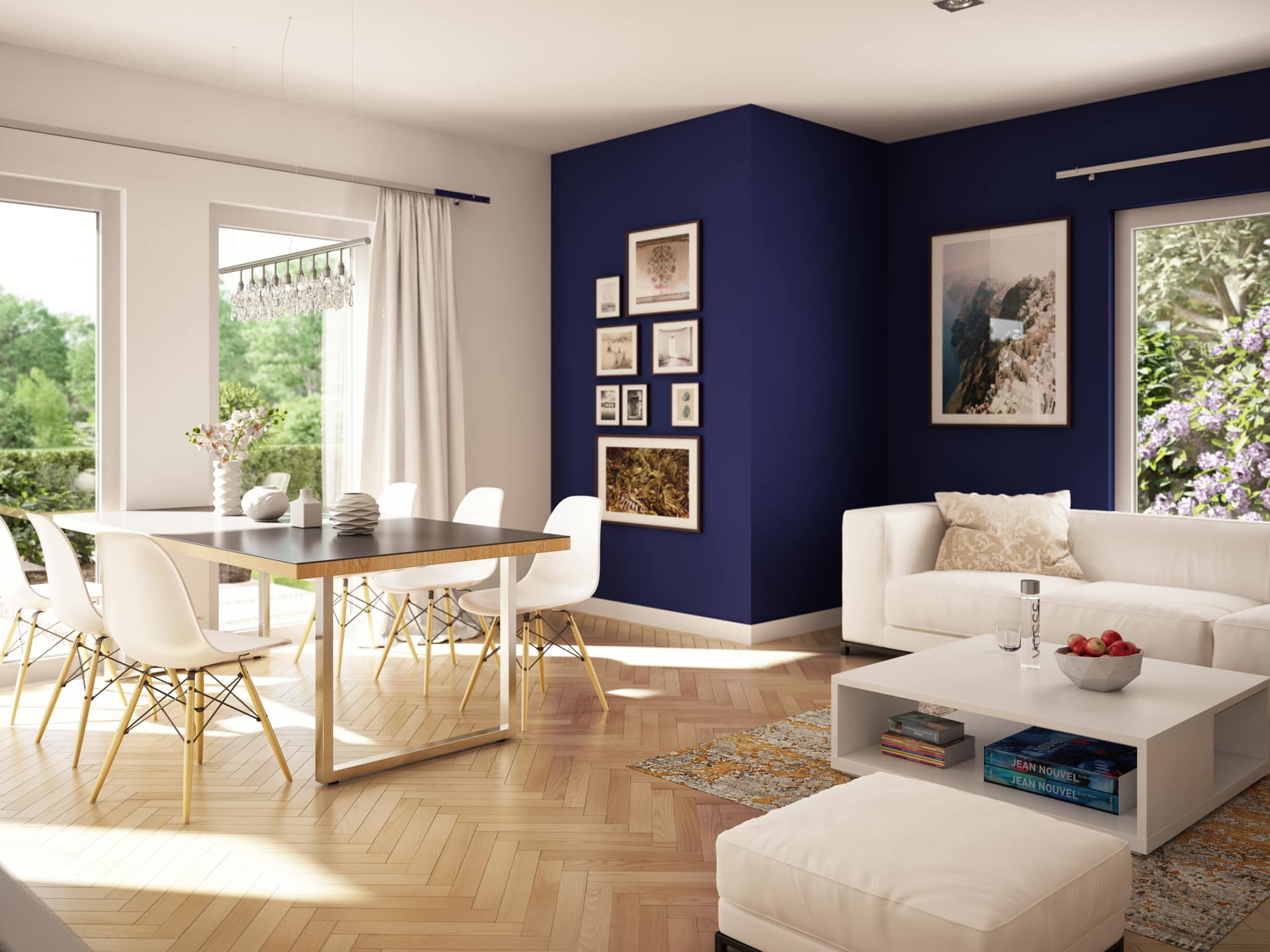 Wohnzimmer mit Essbereich - Wohnideen Fertighaus Living Haus SUNSHINE 136 V4 - HausbauDirekt.de