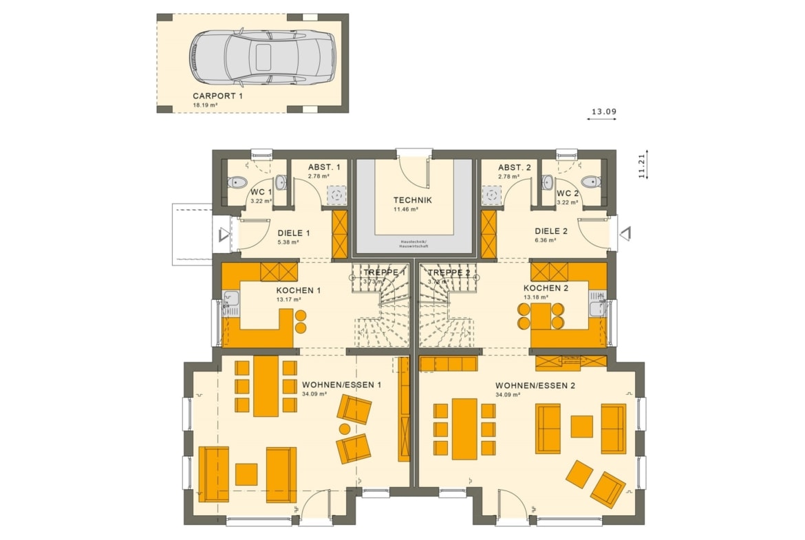 Zweifamilienhaus Grundriss Erdgeschoss nebeneinander als Doppelhaus mit separaten Eingängen & Carport - Mehrgenerationenhaus bauen Ideen Fertighaus SOLUTION 242 V5 von Living Haus - HausbauDirekt.de