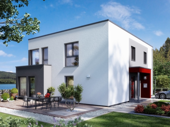 Zweifamilienhaus Stadtvilla modern mit Flachdach Architektur, 2 Wohnungen übereinander - Mehrgenerationenhaus bauen Ideen Fertighaus SOLUTION 204 V9 von Living Haus - HausbauDirekt.de