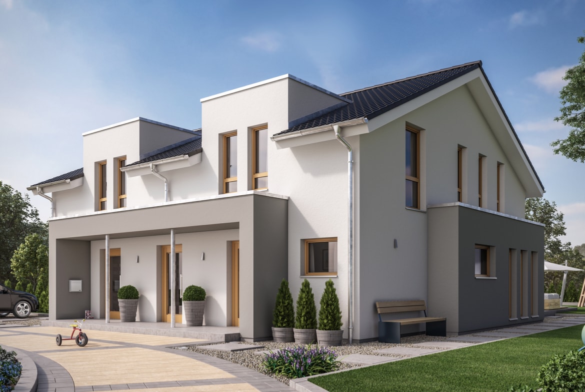 Modernes Zweifamilienhaus Wohnungen nebeneinander mit zwei Eingängen - Doppelhaus bauen Ideen Fertighaus SOLUTION 242 V4 von Living Haus - HausbauDirekt.de