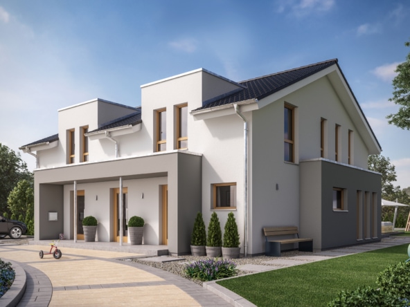 Modernes Zweifamilienhaus Wohnungen nebeneinander mit zwei Eingängen - Doppelhaus bauen Ideen Fertighaus SOLUTION 242 V4 von Living Haus - HausbauDirekt.de